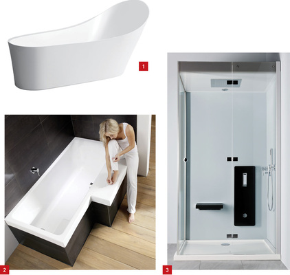 1 Organische Erweiterung der Palomba Collection: freistehende Badewanne mit schwungvoller Rückenschräge.2 Zusätzliche Sitzfläche: Badewanne Stairway von Repabad.3 Das Dampfbad Atlanta bringt das wohltuend feuchte Klima in kleinere Badezimmer.