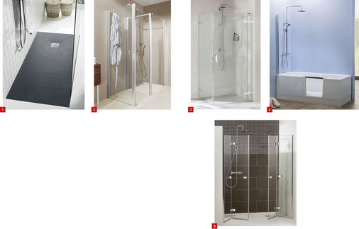 1 Terran: flexible Duschwannen-Lösung von Roca in acht trendigen Farben.2 Nie wieder frieren nach dem Duschen – mit der Cariba-Room-Glasdusche von Roth.3 Roth-Glasdusche Alina mit Design-Pendelbeschlag für individuelle Duschlösungen.4 Noch eine Bade­wanne mit Tür: doppelter Komfort mit der Duo II von Saniku.5 Mit Ta Lenta II ­Vital stehen Modelle zur Verfügung, deren Türen sich komplett an die Wand klappen lassen.