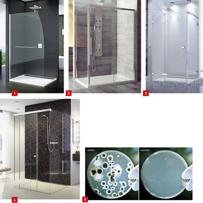1 Schiff ahoi: die neue Walk-in-Trennwand Pur ­Segel von Sanswiss.2 Sanswiss-Schiebetür Pur Light S mit Leichtlaufsystem.3 Die Paso mit Hebe-Senk-Mechanismus gibt es in zahlreichen Abmessungen.4 Zur Reinigung wird die Bodenführung der Schiebetürdusche Tansa von Sprinz einfach aufgeklappt.5 Nach Angaben von Sprinz tötet SpriMedical aufgrund der antibakteriellen Wirkung 99,9 % der am Glas haftenden Bakterien.