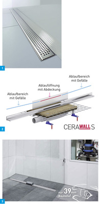 1 Für die ACO ShowerDrain C-line Duschrinne stehen zwei Edelstahl-Roste mit geschliffener Oberfläche sowie eine befliesbare Abdeckung zur Auswahl.2 Bei der Dallmer CeraWall S nimmt eine 45 mm schmale, verchromte Gefälleschiene das Wasser auf und leitet es über ein leichtes Gefälle zu einem zentral angeordneten Spalt und in das darunterliegende Ablaufgehäuse.3 Mit der Dallmer Systemlösung CeraLine Aktiv kann eine bodengleiche Dusche auch bei schwierigen Raumverhältnissen und bei wohnbegleitenden Modernisierungsprojekten eingebaut werden.