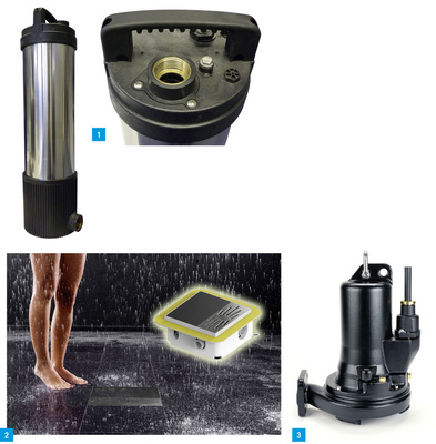 1 iBoost und iFusio von iWater: Pumpentechnik für die Bewässerung und für die Hausversorgung (Waschmaschine und Toilettenspülung) mit Betriebswasser.2 Das Bodenablaufsystem Plancofix von Pentair Jung Pumpen transportiert Abwasser aus der Dusche normgerecht in das nächste Abwasserfallrohr.3 MultiCut 20/2 M plus: Die neue Generation Schneidradpumpen von Pentair Jung Pumpen fördert häusliches Abwasser zum Kanal.