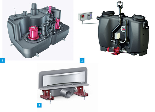 1 Die Aqualift F XL-Hebeanlagen von Kessel sind in drei Behältergrößen mit 200, 300 und 450l Volumen erhältlich.2 Beim Kessel-Fettabscheider Easy­ Clean konnte der Wasserverbrauch um bis zu 32 % verringert und die Entsorgungszeit um bis zu 40 % verkürzt werden.3 Der Wandablauf Scada von Kessel kann auch als Stand-alone-Lösung mithilfe der mitgelieferten Montagefüße an der Wand oder am Boden befestigt werden.
