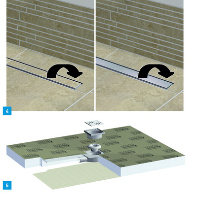 4 Die neue Ablaufrinne von Lux Elements ermöglicht durch eine Drehung zwei unterschiedliche Designs: Eine Seite kann verfliest werden, die andere zeigt eine gebürstete Edelstahlfläche.5 Bei den flachen Duschtassenmodellen Tub-Combi von Lux Elements ist bereits ein waagerechter Ablauf mit einer hohen Ablaufleistung integriert.