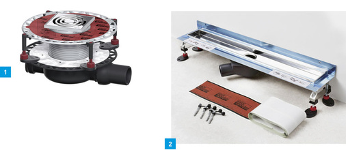 1 Schallentkoppelte Montagefüße, Haarsieb aus Kunststoff, Brandschutzkit und verschraubbare Rostrahmen aus Edelstahl – das Update beim Bodenablauf Tecedrainpoint S ist umfangreich.2 Die neue Tecedrainline-Edelstahlrinne ist werkseitig mit aufgekantetem Wandflansch ausgestattet. Einfachere Mon­tage direkt an der Wand – auch die Fliesenabschlusskante bietet mehr Spielraum.