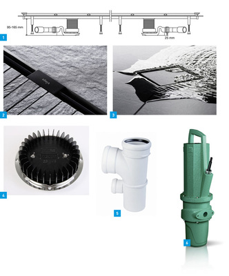 1 Werden zwei Advantix-Vario-Duschrinnen von Viega miteinander kombiniert, verfügt jede über einen eigenen selbstreinigenden Ablauf. Die Ablaufleistung verdoppelt sich auf 0,8 bis 1,6 l.<br />2 Neue Farbpalette bei den Stegrosten und Abdeckkappen der Duschrinne Advantix Vario: Weiß und Schwarz ergänzen jetzt die bekannten Varianten in Edelstahl matt und glänzend.<br />3 Bodengleiche Duschen sind barrierefrei und als durchgehend geflieste Fläche ein wichtiges Gestaltungselement. Einheitlich wird der Boden mit dem neuen Viega-Aufsatz für alle Advantix-Badabläufe.<br />4 Zur ISH 2013 hat Wavin sieben neue QuickStream-Dachabläufe aus Edelstahl ins Lieferprogramm aufgenommen.<br />5 Zwei neue Doppelabzweige ergänzen das Lieferprogramm des Wavin-AS-Hausabflussrohrsystems für den Objektbereich.<br />6 Wilo-Axum Pro ist speziell für die Druckentwässerung von häuslichem Abwasser entwickelt worden.