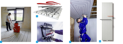 1 Bei Rotex cut werden die Kanäle für die Rohre der Fußbodenheizung in den Estrich gefräst. Nach dem Einlegen der Rohre kann der Fußbodenbauer gleich weitermachen.2 Das Roth-Climacomfort-Trockenbausystem bietet eine große ­Flexibilität bei der Verlegung und ­einen minimalen Gesamtaufbau von 43 mm.3 Der Heizkreisverteiler Typ Logo mit größerem Kammervolumen, Konus-Ventileinsatz, O-Ringen und spezieller Steck-Technologie von Tece ermöglicht die zügige Installation. 4 Renovis-Trockenbauelemente von Uponor können auf nahezu allen Untergründen montiert werden. Der aufgedruckte Rohrverlauf erleichtert Einbauten wie Luftdurchlässe.5 Der Aluminium-Heizkörper Vasco Bryce Plus hat gegenüber seinem Vorgängermodell einen Leistungsgewinn von 30 %. Für ihn gibt es austauschbare Accessoires.