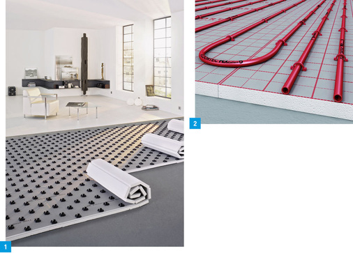 1 Die Systemplatten von Fontera Base Roll 15 (Viega) sind ausrollbar und leicht zuzuschneiden. Für den Halt des Polybuten-Rohres sorgen die werkseitig aufgebrachten Montageclips.<br />2 Das Tackersystem 3D von Vogel & Noot verfügt über Nadeln, die Widerhaken in verschiedene Richtungen haben. Dazu gibt es einen leicht bedienbaren Tackerstock.