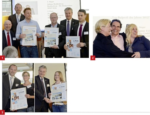 1 Und hier erhielten die die Top-Juniorbadplaner 2013 ihre Auszeichnung (v.l.): die Juroren Andreas Dornbracht und Prof. Frank Richter, Jürgen Beßler, Juliane Boddenberg (hier vertreten durch Vater Georg), Jurymitglied Manfred Stather und Patrick Weiß.2 Glückliche Sieger in der Kategorie Handwerk und Badstudios: Dagmar Fröhlich und Andreas Rawe aus Recklinghausen und Sabine ­Dorner aus Oberteuringen.3 ZVSHK-Präsident Manfred Stather gratuliert hier Britta Barteit (r.) aus Krempe zum ersten Preis in der Kategorie Innenarchitekten und Ingenieure. Prof. Dr. Frank Richter übergab die Urkunde an Katrin Härtel aus Greifenberg.