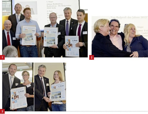 1 Und hier erhielten die die Top-Juniorbadplaner 2013 ihre Auszeichnung (v.l.): die Juroren Andreas Dornbracht und Prof. Frank Richter, Jürgen Beßler, Juliane Boddenberg (hier vertreten durch Vater Georg), Jurymitglied Manfred Stather und Patrick Weiß.<br />2 Glückliche Sieger in der Kategorie Handwerk und Badstudios: Dagmar Fröhlich und Andreas Rawe aus Recklinghausen und Sabine ­Dorner aus Oberteuringen.<br />3 ZVSHK-Präsident Manfred Stather gratuliert hier Britta Barteit (r.) aus Krempe zum ersten Preis in der Kategorie Innenarchitekten und Ingenieure. Prof. Dr. Frank Richter übergab die Urkunde an Katrin Härtel aus Greifenberg.