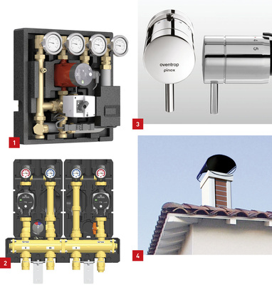 1 Speziell für die Optimierung der Brennwertnutzung und den Betrieb mehrerer Wärmequellen hat Meibes die Pumpengruppe Condix entwickelt.<br />2 PAW hat das Heatbloc-Sortiment erwereitert. Hier ist die Gruppe mit Modulverteiler und Trennplatte für eine optimale Temperatureinschichtung in den Speicher abgebildet. <br />3 Das Design des Oventrop-Thermostaten Pinox ist inspiriert durch das Prinzip „form follows function“ des amerikanischen Architekten Louis Sullivan. <br />4 Schornsteinköpfe der Serie Luminance von Poujoulat lassen sich der Architektur anpassen: Das Modell Terranova imitiert beispielsweise klassische Baustoffe.