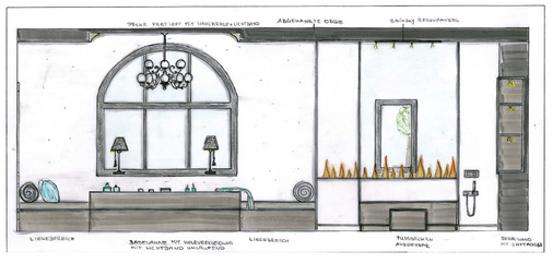 Im Zentrum ist die freistehende, in ein Podest eingebaute Wanne in Achse des Rundbogenfensters. Ob in der Sauna, beim Wannenbad, beim Duschen oder auf der Liege ist das Kaminfeuer allgegenwärtig. Bei der Wahl des Elektrokamins wurde eine Technik gewählt, bei der aus einem integrierten Wasserbehälter ultrafeiner Dampf freigesetzt wird.