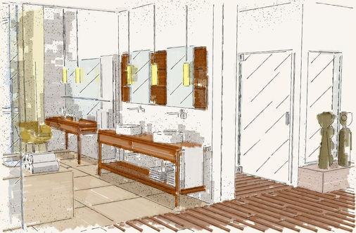 Die Waschtischanlage ist in Anlehnung an antike Sideboards in dunklem Holz gehalten. Gegenüber liegt die Sitzbank mit integriertem Fußbecken.