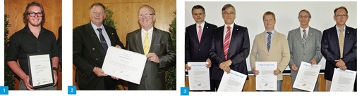 1 Als Landessieger im Ofen- und Luftheizungsbauerhandwerk nahm Lukas Spath aus Schonach den „Förderpreis der Gasversorgung Süddeutschland GmbH“ entgegen.2 Mit der höchsten Auszeichnung des Fachverbandes, dem Wilhelm-Braun-Preis, wurde Volker Werling aus Karlsruhe geehrt. 3 Ehrennadeln des Fachverbandes erhielten (v.l.) Frank ­Großberger, ­Joachim Krimmer, Jürgen Hohl, ­Thomas Kempe und Ralf Scholl.