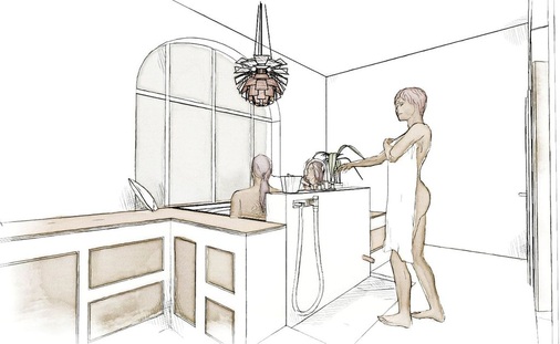 Der Wanne vorgelagertes Kneippbecken mit Handbrause zum Haarewaschen. Klar, hell, modern und wie aus einem Guss zeigt sich das Form- und Materialkonzept.