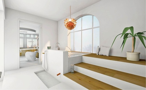 Die große runde Wanne bietet viel Platz und Ausblick ins Grüne. Die seitlichen Stufenpodeste dienen als unkonventionelle Sitzfläche und bieten Stauraum.