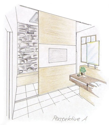 Dusch- und WC-Bereich bilden eine Einheit. Eine Schiebetür mit beidseitig integriertem TV sorgt für Intimität und erfüllt Finns Wunsch nach medialer Berieselung.