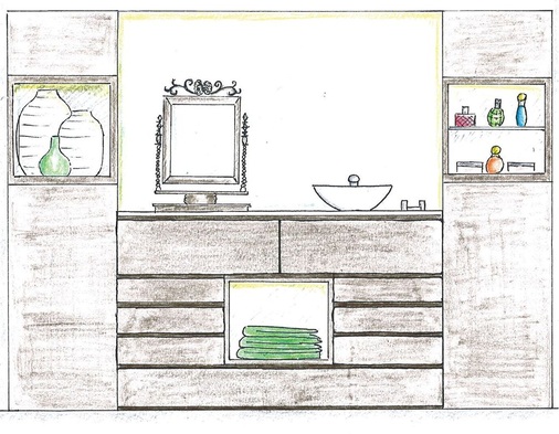 Julias ganz persönlicher Frisierplatz in ihrer Ankleide, mit Waschbecken zum Haarewaschen und Tönen.