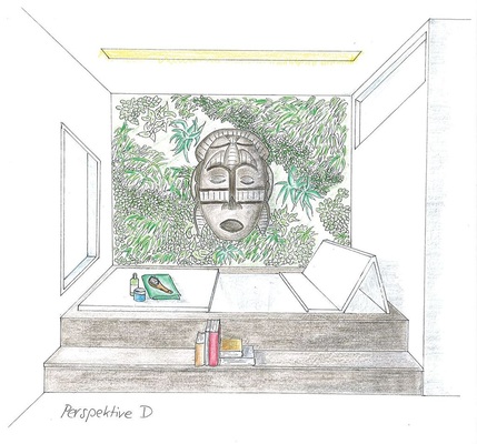 Die selten genutzte Wanne wird dank Abdeckung zum Loungebereich im Schlafzimmer. Mit Greenwall und Maske zum individuellen Blickfang.