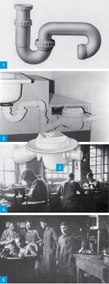 1 Erster großer Dallmer-Klassiker: Röhrensiphon aus Kunststoff.2 Erster Kunststoff-Röhrensiphon, bei dem es gelang, die 180-Grad-Kurve in einem Stück herzustellen.3 1963 kam der erste industriell gefertigte Dallmer-Kunststoff-­Bodenablauf auf den Markt.4 1913 legte Johannes Dallmer den Grundstein für die Erfolgs­geschichte des Unternehmens.5 Die Dallmer-Werkstatt Mitte des 20. Jahrhunderts.