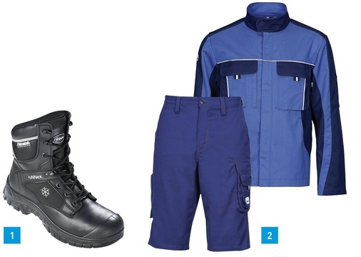 1 Rutschsicher und kälteisolierend: der ­Sicherheitsschuh Winterstar von Runnex.2 Schwungvolle Linien, modern geschnitten: Bundjacke und ­Bermuda aus der Profi Line-Kollektion von ­CWS-boco.
