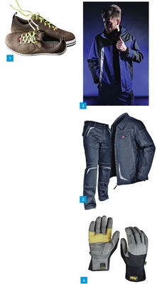 1 In tollen Farben und kaum mehr als ­Sicherheitsschuh erkennbar: der Scuti von Engelbert Strauss.2 Besticht durch ihr asymmetrisches ­dynamisches Design: die Kollektion Kempel Drive.3 Jeans-Optik mit individuell platzierbaren Reflektor-Elementen: Inno Plus Uni-Kollektion von Kübler.4 Handschuhe verschleißen unterschiedlich schnell, deshalb verkauft Snickers nun rechte und linke einzeln: Left & Right Gloves.