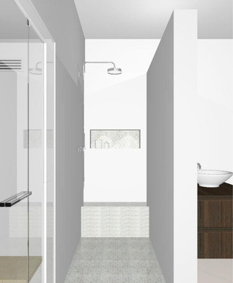 Hinter der eingestellten Wand des Waschtisches befindet sich sichtgeschützt der Duschbereich mit Sitzbank und beleuchtetem Fach für griffbereite Utensilien.