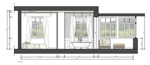 Funktional ist die Wanne zwischen ­beiden Ruhebereichen, Schlafen und Wintergartenlounge, positioniert.