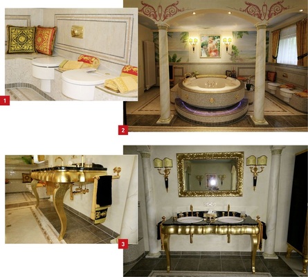 1 Die komplette Einrichtung sowie die Wand­gestaltung wurde, inklusive der Bilder, von Gabriela Nessmann geplant.2 Außergewöhnliche Lösung: WC und Bidet wurden harmonisch in die Fliesenlandschaft eingepasst.3 Perfekter Waschplatz bis ins Detail: Das Versace-Bad wurde mustergültig umgesetzt.