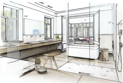 Der Waschplatz über die gesamte Wandlänge gliedert sich dezent in die Architektur ein.