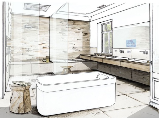 Der großzügige Duschbereich mit beheizter Sitzbank und Bruchsteinwand strahlt eine warme Atmosphäre aus.