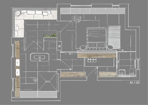 Funktional dient die Ankleide als Schleuse. Von hier erschließen sich Schlafzimmer, Bad und separiertes WC.