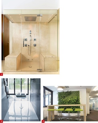 1 Individualität ist Trumpf bei den Whirl- und Dampfdusch-­Systemen von Bayou.2 Auch bei einer Einbauhöhe von nur 50mm ist die Installation von Duraplan möglich.3 Verbessern das Raumklima und ­sehen nebenbei toll aus: die grünen Wände von ­Florawall.