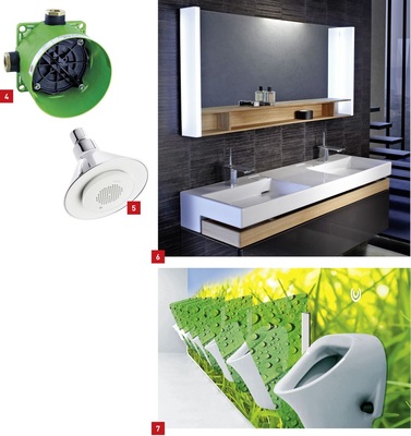 4 Mit der Unterputz-Einbaubox von HSK lassen sich sowohl UP-Thermostate als auch UP-Einhebel­mischer der Shower & Co!-Designlinien ­installieren. 5 Mit integriertem Lautsprecher: der Moxie-Duschkopf von Kohler.6 Die Waschtische der neuen Kollektion Terrace von Kohler gibt es in fünf Größen inklusive einer XXL-Version in 150 cm mit zwei Waschbecken. 7 Die Glaswände der österreichischen Firma Lang+Lang können mit integrierten Infrarotsensoren für berührungslose Steuerung, z.B. der Urinalspülung, versehen werden.