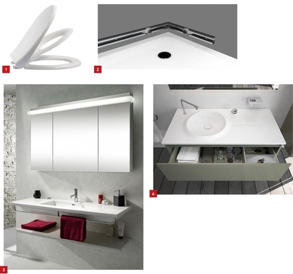 1 Der WC-Sitz Familia von Pagette hat den Kindersitz im Deckel integriert.2 Mit dem neuen Spezialmontageset für Acrylwannen von Repabad werden bei sämtlichen Duschwannengrößen die Seiten komplett unterbaut.3 Ergänzt das obere Preissegment von W. Schneider: der Spiegelschrank ­Taikaline mit durchgehendem Lichtband.4 Die Badmöbel zur Vitra-Kollektion Istanbul gibt es nun auch in den Farben Olivengrün und Burgunderrot.