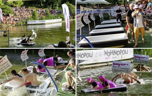 3500 Besucher zog es zum Event der Firma Bayer. Die Acrylwannen wurden mit zwei Schwimmringen aus 100er-PE-Rohr eingefasst und fertig waren die Rennboote.