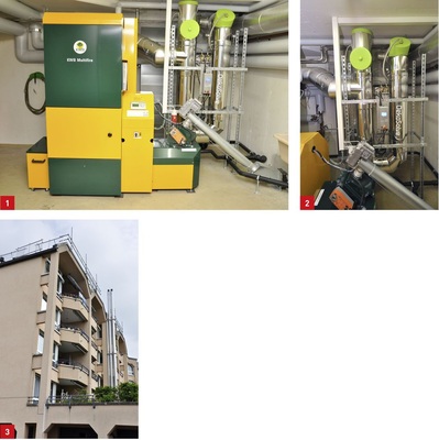 1 Die Pelletkessel vom Typ KWB Multifire versorgen die Seniorenwohnanlage Rorschacherberg mit Heizwärme und Brauchwasser, wenn die Solarthermie nicht ausreicht.2 Beiden Kesseln in Rorschacherberg ist je ein U-Filter nachgeschaltet, der die bereits geringen Feinstaubemissionen der Pelletkessel noch weiter senkt.3 Abgasanlage für die beiden Pelletkessel in Rorschacherberg. Die Wohnanlage besteht aus 46 Seniorenwohnungen und einem ­angegliederten Pflegeheim.