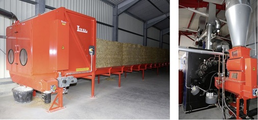 Diese Maschine (links) löst die Strohballen auf und fördert das ­Material pneumatisch zum Kessel. Die Kesselzuführung für das Stroh erfolgt über Zyklon­abscheider und Förderschnecke.