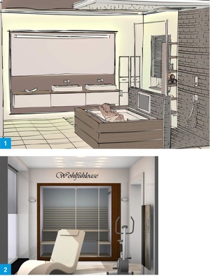 1 Die Wanne mit dahinter liegendem Duschbereich ist mittig angeordnet. Axial der Waschtisch mit seitlichem Schminkplatz.2 Im neuen, sonnendurchfluteten Wintergarten der Ruhebereich mit Sauna und Liege ­sowie der Fitnessbereich mit Frischluftgarantie.