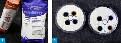 1 Wie viele Frost-Tau-Wechsel hält welches Verpressmaterial aus? Hier scheint es noch Forschungs-, Entwicklungs- und Normungsbedarf zu geben.2 Bohrungen und Bohrsonden können ganz schön launisch sein. Schnitte durch Erdwärmesonden auf einem Messestand.