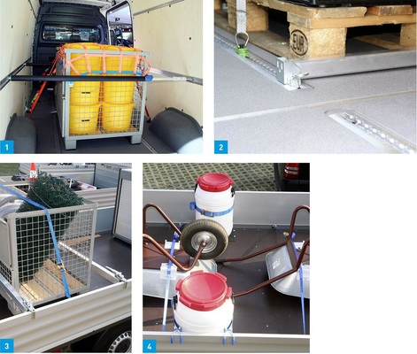 1 Seitliche Ankerschienen: Statt Zurrgurte lassen sich z.B. auch auf halber Höhe des Laderaums Teleskopstangen waagerecht ansetzen.2 Bodenhaltung: Nicht nur Spanngurte kann man in die Verzurrleisten einsetzen, auch Querriegel erweisen sich für ­Paletten als wirksame Sperre.3 Unterteilung nach Maß: ­Querriegel klammern sich durch wenige Handgriffe an die Ladebordwand und dienen als Rutschsperre.4 Kein Provisorium mehr: Statt mit einem Seil zu hantieren, lassen sich Fässer mit Spanngurt und speziellen Klammern an die Bordwand zurren.