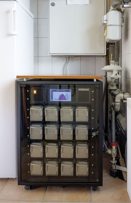 Als kostengünstige Lösung bietet Wemag das Akku-System Reevolt an. Eingesetzt werden gebrauchte ­E-Bike-Akkus mit einer Restkapazität von 80 %.