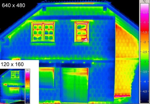 Ein direkter Größen- und Qualitätsvergleich von Thermogrammen einer Einsteigerkamera mit 120 x 160 und einer Profikamera mit 640 x 480 Pixel Detektorauflösung macht die Unterschiede deutlich. - © InfraTec
