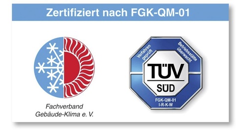 Im Prüfsiegel sind alle Zertifizierungsbereiche kenntlich gemacht: Instandhaltung von RLT-Anlagen (I), ­Reinigung von RLT-Anlagen (R), Reinigung fetthaltiger Küchenabluftanlagen (K) und Wasserhygiene (W).