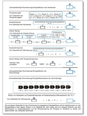 Beispiel für ein Produktdatenblatt einer Verbundanlage mit Heizkessel zur Ermittlung der Energieeffizienz gemäß ErP-Richtlinie.