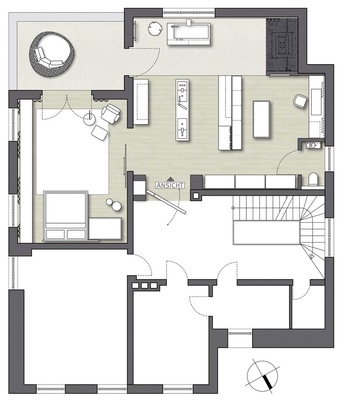 Klare Gliederung in Aktiv- und Ruhebereiche mit fließenden Übergängen und funktionaler moderner Innenarchitektur.