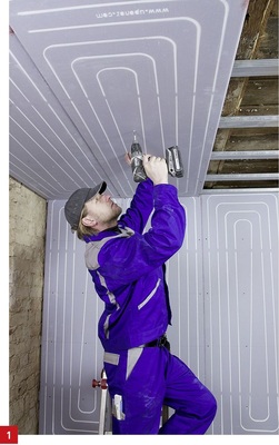 Mit Trockenbauelementen lassen sich auf handels­üblichen Unterkonstruktionen Flächenheizungen schnell und ohne große Schmutzbeeinträchtigung montieren.