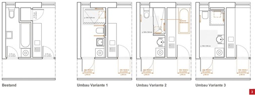 Beispielhaft: Gezielte Objektanordnungen und Bemusterungen tragen zur Optimierung schmaler Altbaubäder für Rollatornutzer bei.
