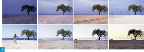 Darstellung des dynamischen Tagesverlaufs in acht Bildern mit den entsprechenden Lichtfarben vom Morgenlicht bis zur Abenddämmerung.