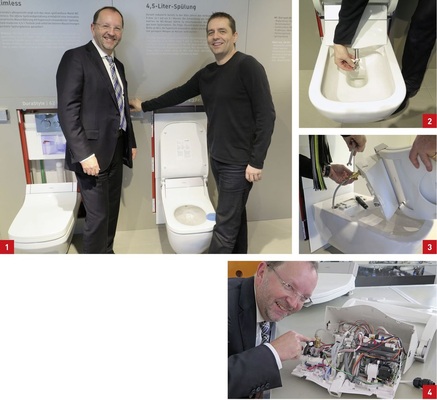 1 Duravit-Chef Prof. Dr. Frank Richter und Schulungsleiter Carlos Rico präsentierten die neue ­eigensichere Dusch-WC-Variante Sensowash e, die den Einsatz der Probox erübrigt.<br />2 Für mehr Komfort sorgen soll ein zweiter Duschkopf, der mit ­einem besonders ­sanften Duschstrahl reinigt und einfach ausgetauscht werden kann.<br />3 Die SBZ wollte genau wissen, was sich hinter der Verkleidung ­verbirgt. Spontan schraubte Schulungsleiter Carlos Rico den Dusch-WC-Sitz ab und<br />…4 … Prof. Dr. Frank Richter präsentierte uns das Innenleben mit der ­integrierten Sicherungseinrichtung gemäß DIN EN 1717.