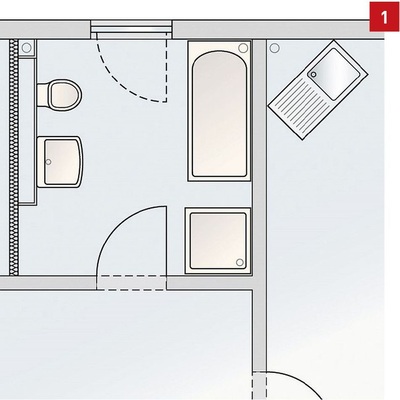 Typischer Grundriss im Mehrfamilienhaus: Bad mit angrenzender Küche. Direkt neben dem WC als Hauptverbraucher liegt der Versorgungsschacht.